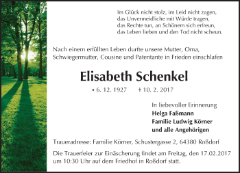Traueranzeige von Elisabeth Schenkel von Trauerportal Echo Online