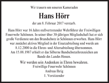 Traueranzeige von Hans Hörr von Trauerportal Echo Online