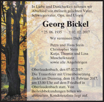 Traueranzeige von Georg Bickel von Trauerportal Echo Online