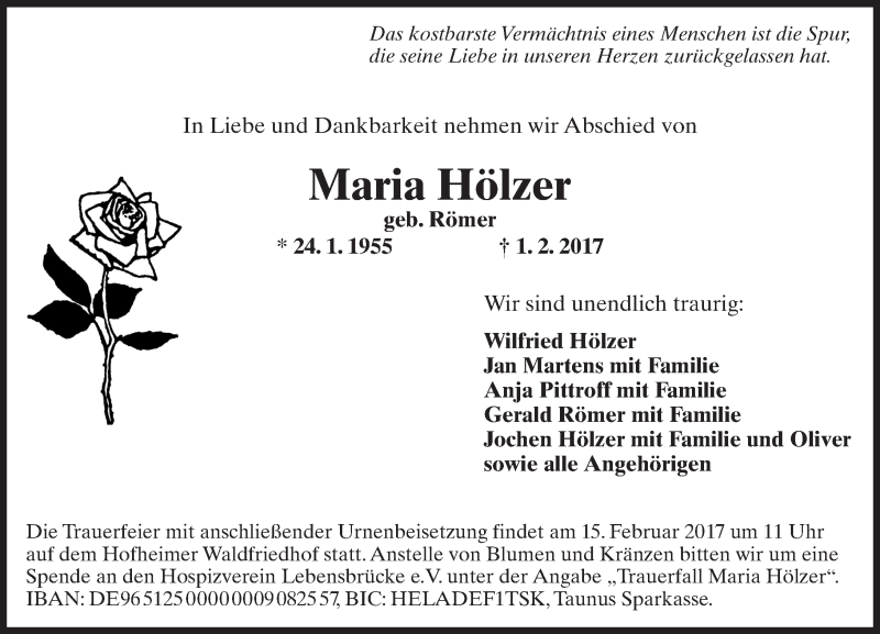 Traueranzeige für Maria Hölzer vom 10.02.2017 aus Trauerportal Rhein Main Presse
