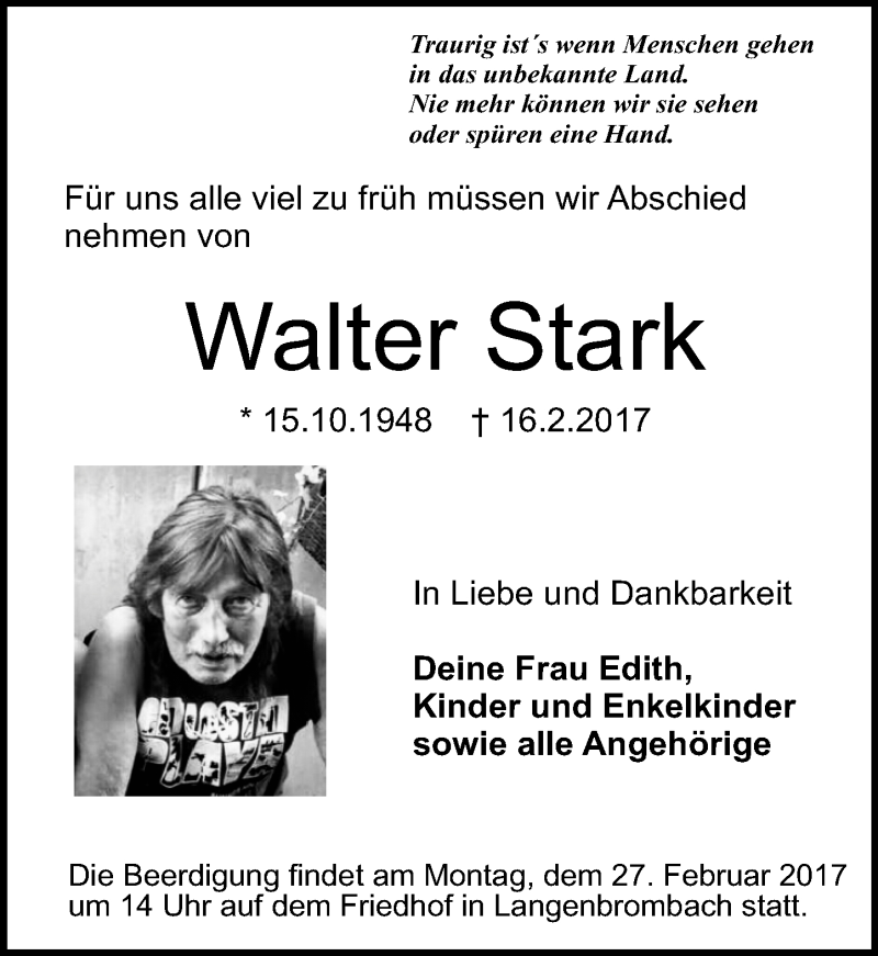  Traueranzeige für Walter Stark vom 25.02.2017 aus Trauerportal Echo Online
