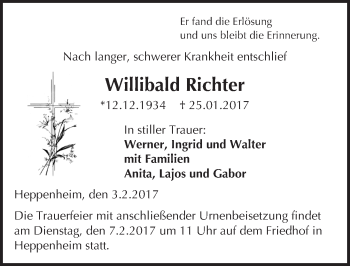 Traueranzeige von Willibald Richter von Trauerportal Echo Online
