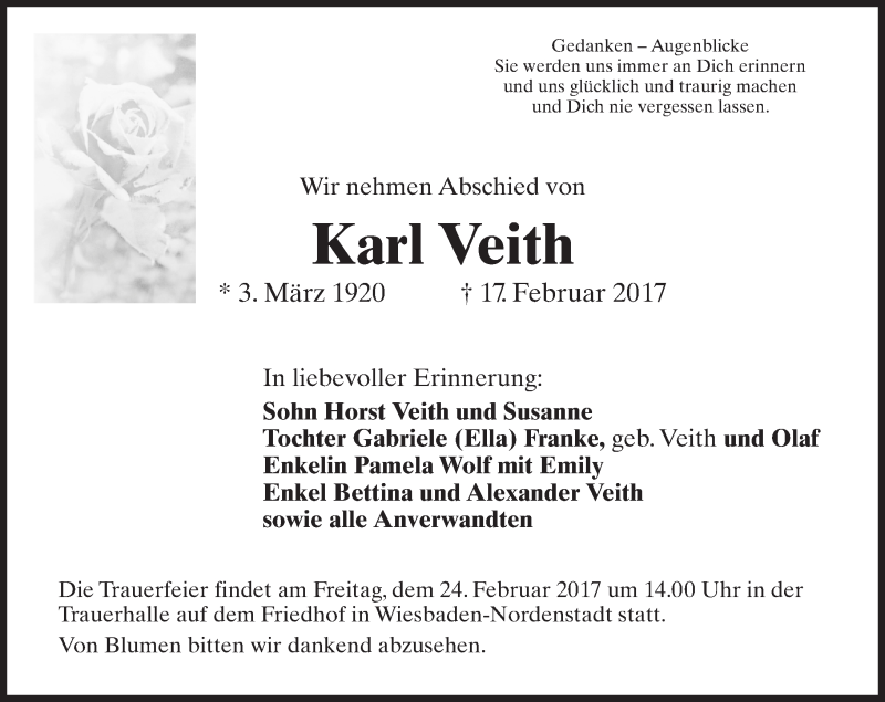  Traueranzeige für Karl Veith vom 22.02.2017 aus Trauerportal Rhein Main Presse