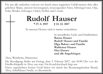 Traueranzeige von Rudolf Hauser von Trauerportal Rhein Main Presse
