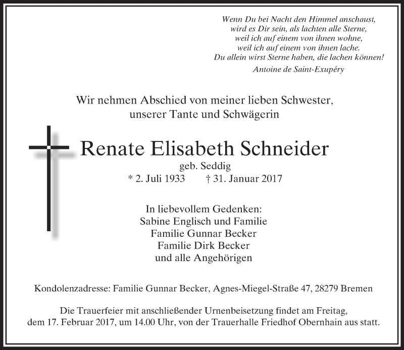  Traueranzeige für Renate Elisabeth Schneider vom 13.02.2017 aus  Usinger Anzeiger