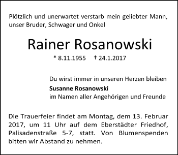 Traueranzeige von Rainer Rosanowski von Trauerportal Echo Online