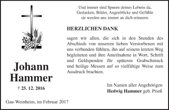 Traueranzeige von Johann Hammer von Trauerportal Rhein Main Presse