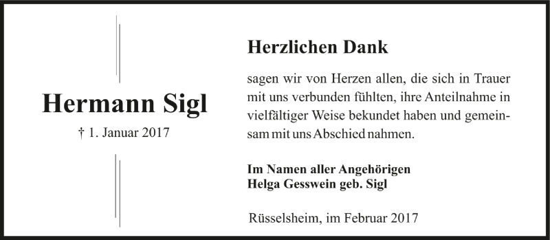  Traueranzeige für Hermann Sigl vom 04.02.2017 aus Trauerportal Rhein Main Presse