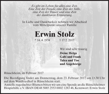 Traueranzeige von Erwin Stolz von Trauerportal Rhein Main Presse