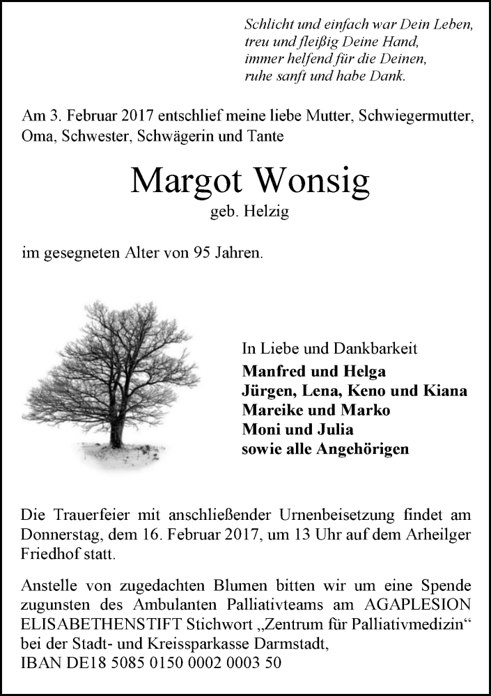  Traueranzeige für Margot Wonsig vom 11.02.2017 aus Trauerportal Echo Online