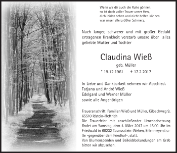 Traueranzeige von Claudina Wieß von Trauerportal Rhein Main Presse