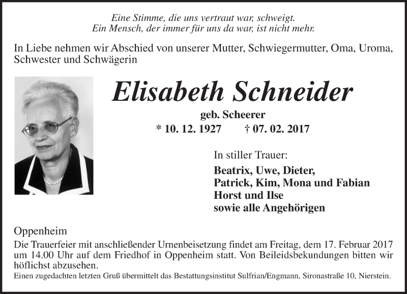  Traueranzeige für Elisabeth Schneider vom 14.02.2017 aus Trauerportal Rhein Main Presse