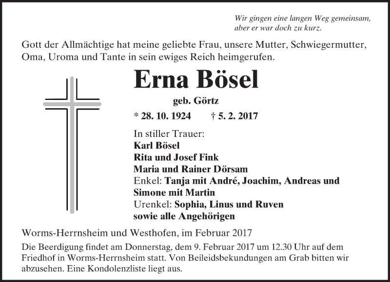  Traueranzeige für Erna Bösel vom 07.02.2017 aus Trauerportal Rhein Main Presse