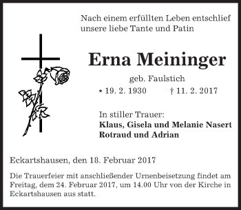 Traueranzeige von Erna Meininger von  Kreisanzeiger