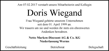 Traueranzeige von Doris Wiegand von Trauerportal Echo Online