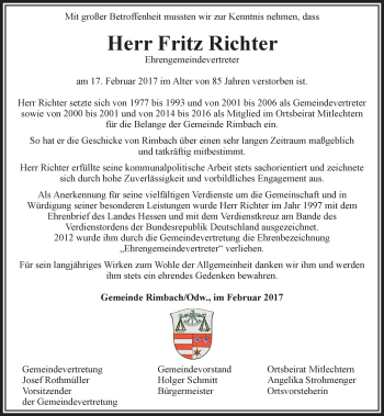 Traueranzeige von Fritz Richter von Trauerportal Echo Online