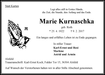 Traueranzeige von Marie Kurnaschka von VRM Trauer