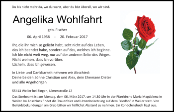 Traueranzeige von Angelika Wohlfahrt von Trauerportal Rhein Main Presse