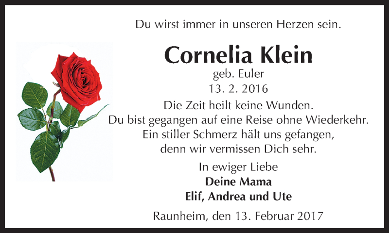  Traueranzeige für Cornelia Klein vom 13.02.2017 aus Trauerportal Rhein Main Presse