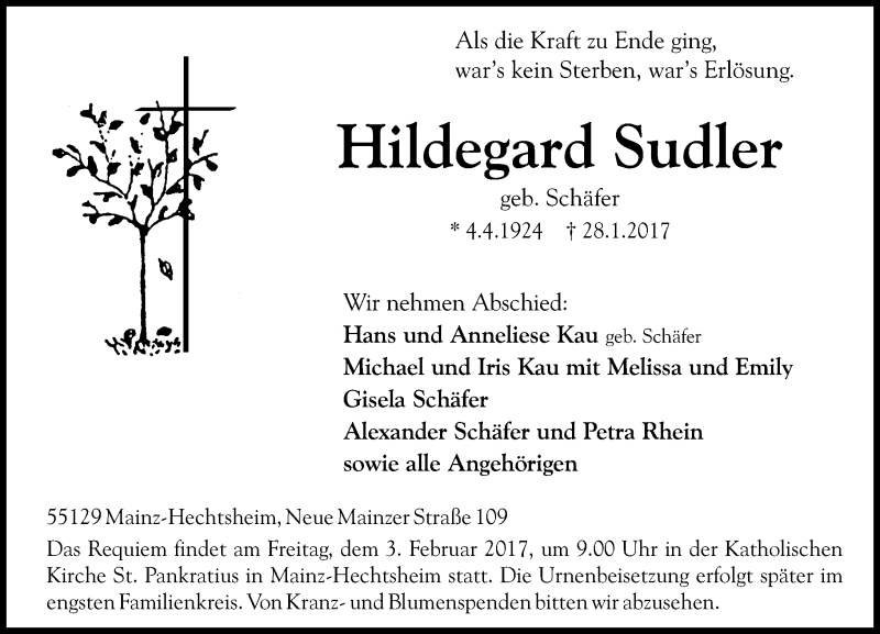 Traueranzeige für Hildegard Sudler vom 01.02.2017 aus Trauerportal Rhein Main Presse