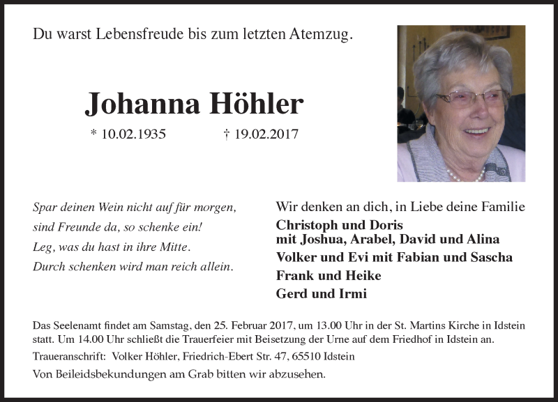  Traueranzeige für Johanna Höhler vom 22.02.2017 aus Trauerportal Rhein Main Presse