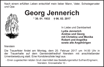 Traueranzeige von Georg Jennerich von Trauerportal Rhein Main Presse