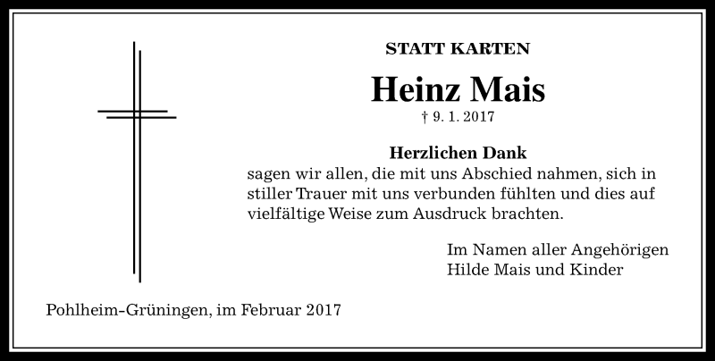  Traueranzeige für Heinz Mais vom 11.02.2017 aus  Gießener Anzeiger