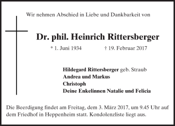 Traueranzeige von Heinrich Rittersberger von Trauerportal Echo Online