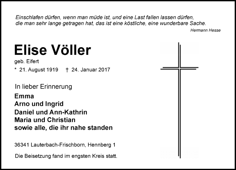  Traueranzeige für Elise Völler vom 02.02.2017 aus VRM Trauer