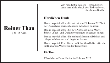 Traueranzeige von Reiner Than von Trauerportal Rhein Main Presse