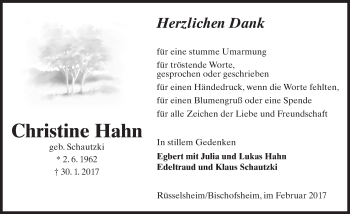 Traueranzeige von Christine Hahn von Trauerportal Rhein Main Presse