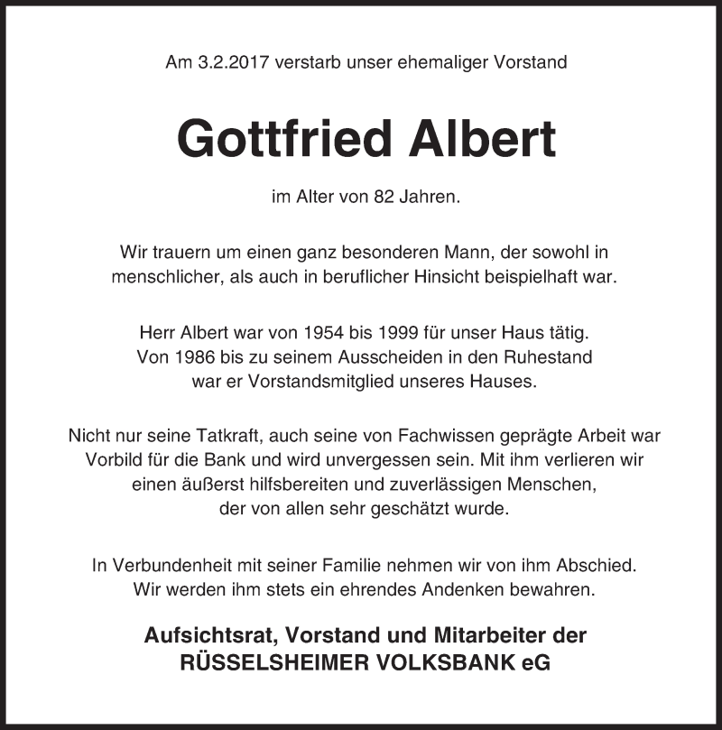  Traueranzeige für Gottfried Albert vom 11.02.2017 aus Trauerportal Rhein Main Presse