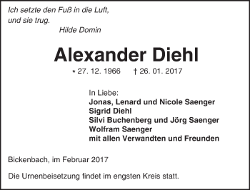 Traueranzeige von Alexander Diehl von Trauerportal Echo Online