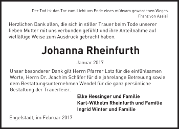 Traueranzeige von Johanna Rheinfurth von Trauerportal Rhein Main Presse
