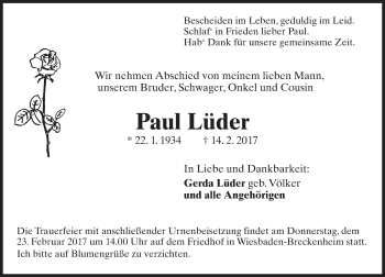 Traueranzeige von Paul Lüder von Trauerportal Rhein Main Presse