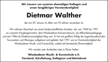 Traueranzeige von Dietmar Walther von Trauerportal Rhein Main Presse