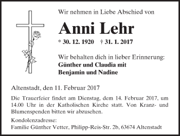 Traueranzeige von Anni Lehr von  Kreisanzeiger