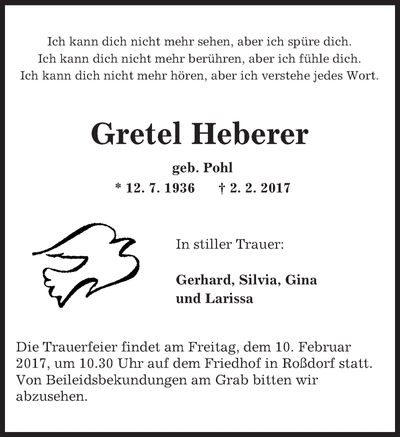  Traueranzeige für Gretel Heberer vom 04.02.2017 aus Trauerportal Echo Online