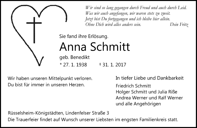  Traueranzeige für Anna Schmitt vom 04.02.2017 aus Trauerportal Rhein Main Presse