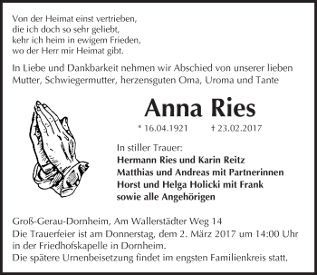 Traueranzeige von Anna Ries von Trauerportal Echo Online