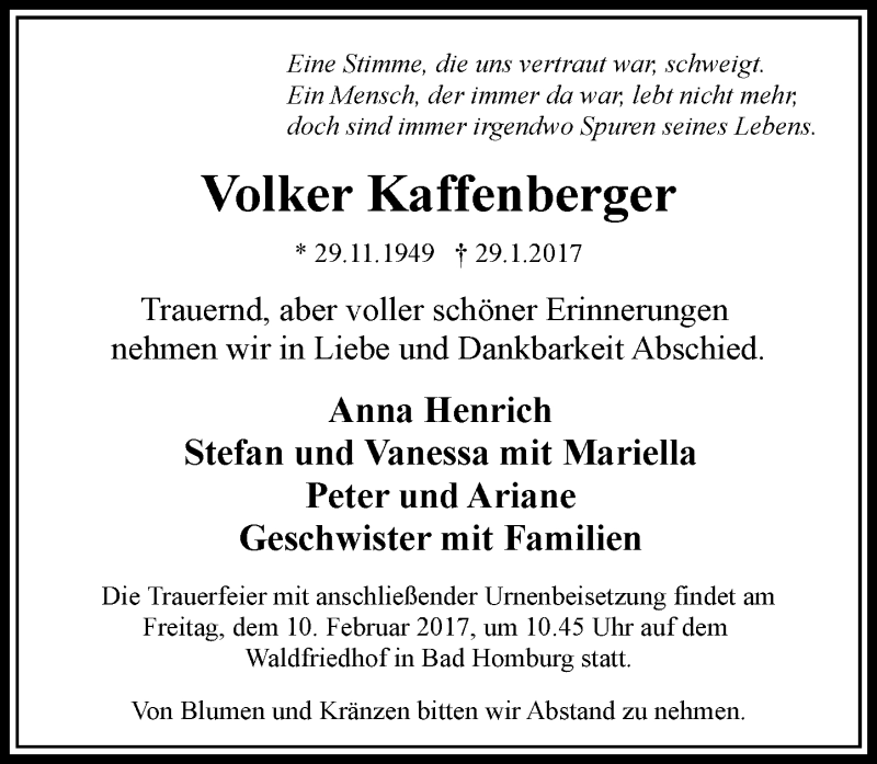  Traueranzeige für Volker Kaffenberger vom 03.02.2017 aus  Usinger Anzeiger