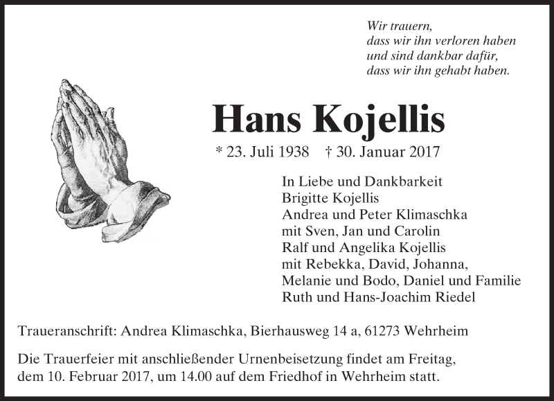  Traueranzeige für Hans Kojellis vom 04.02.2017 aus  Usinger Anzeiger