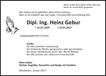 Traueranzeige von Heinz Gebur von Trauerportal Rhein Main Presse