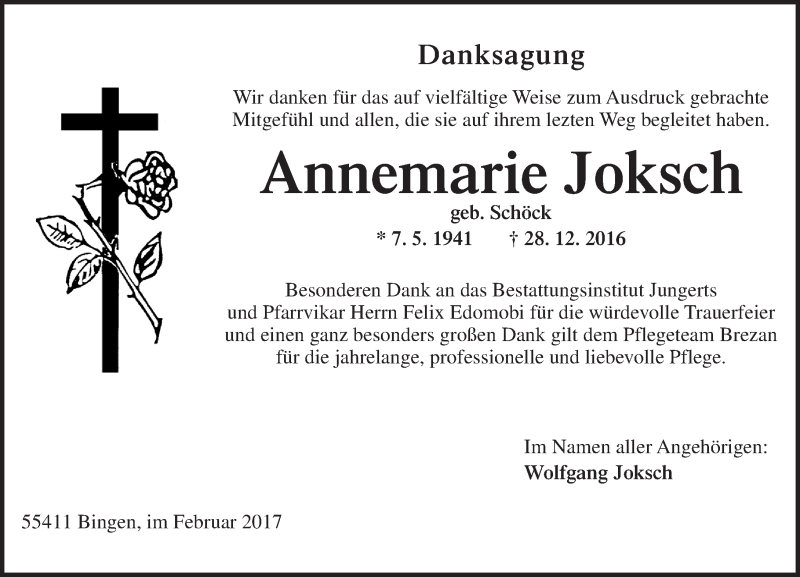  Traueranzeige für Annemarie Joksch vom 24.02.2017 aus Trauerportal Rhein Main Presse