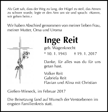 Traueranzeige von Inge Reit von  Gießener Anzeiger