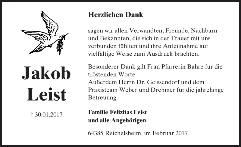  Traueranzeige für Jakob Leist vom 25.02.2017 aus Trauerportal Echo Online
