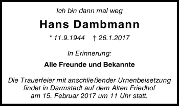Traueranzeige von Hans Dambmann von Trauerportal Echo Online
