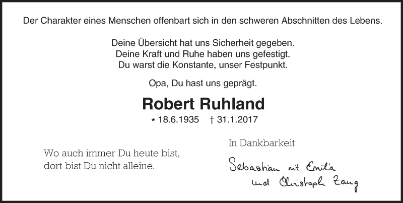  Traueranzeige für Robert Ruhland vom 08.02.2017 aus Trauerportal Echo Online