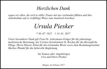 Traueranzeige von Ursula Piesker von Trauerportal Rhein Main Presse