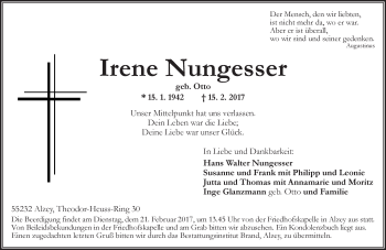 Traueranzeige von Irene Nungesser von Trauerportal Rhein Main Presse